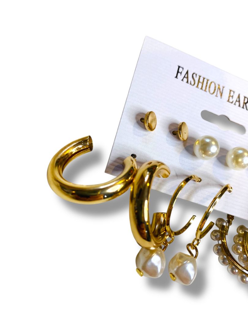 Set of 6 Pierced Earrings New Goldtone Faux Pearl Hoop Studs