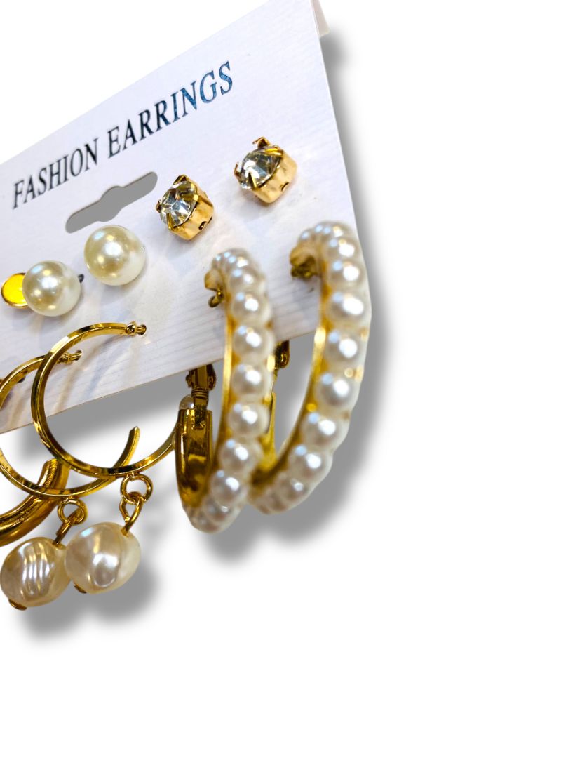 Set of 6 Pierced Earrings New Goldtone Faux Pearl Hoop Studs