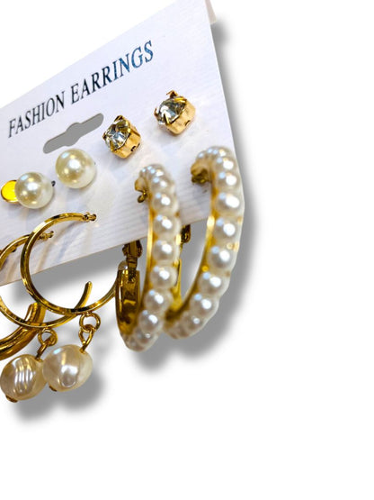 Set of 6 Pierced Earrings New Goldtone Faux Pearl Hoop Studs