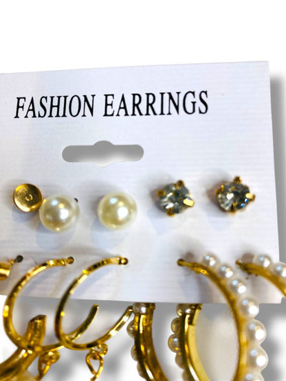 Set of 6 Pierced Earrings New Goldtone Faux Pearl Hoop Studs