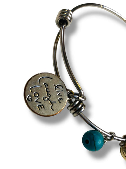 Live Love Laugh Silvertone Adjustable Slide Bangle Bracelet Charms