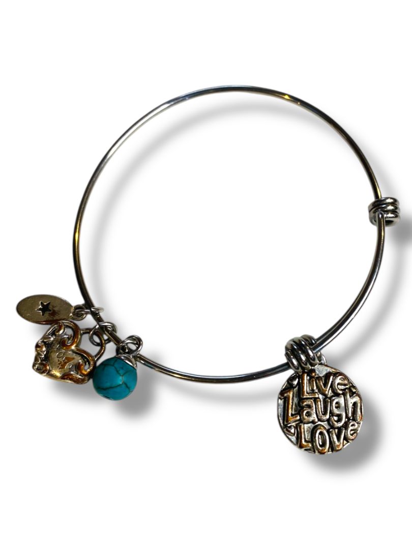 Live Love Laugh Silvertone Adjustable Slide Bangle Bracelet Charms