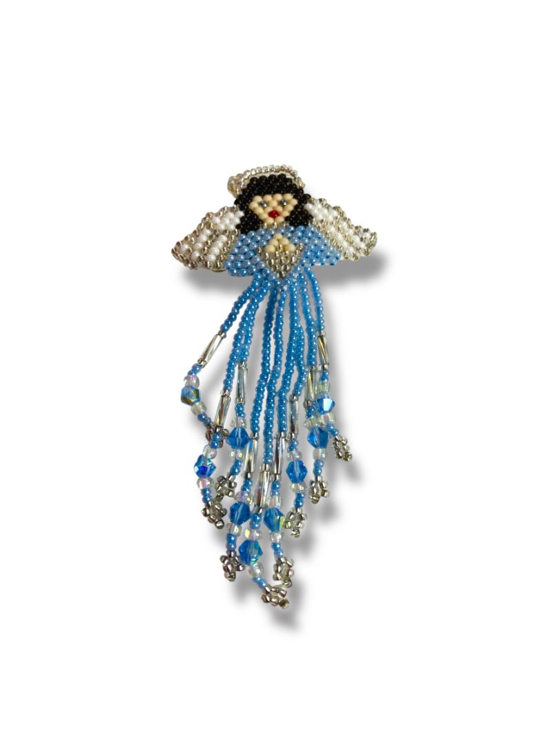 Beaded Angel Brooch Pin Blue Silvertone 3.8" Swag