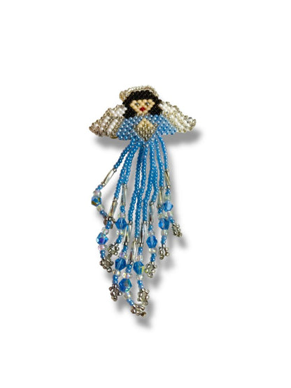 Beaded Angel Brooch Pin Blue Silvertone 3.8" Swag