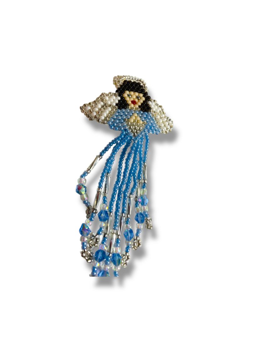 Beaded Angel Brooch Pin Blue Silvertone 3.8" Swag
