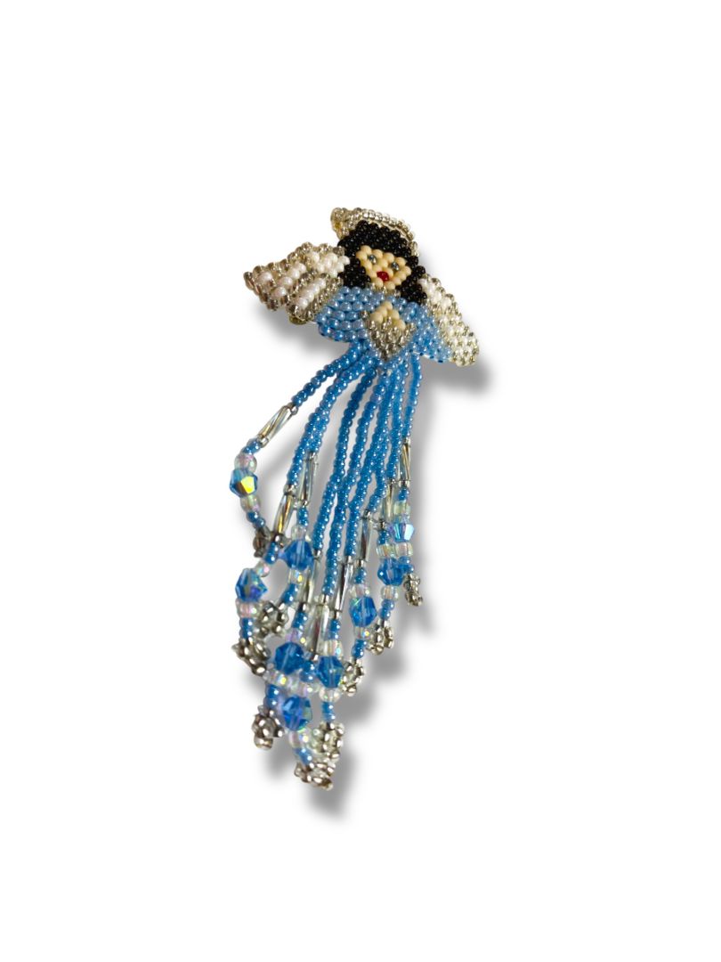 Beaded Angel Brooch Pin Blue Silvertone 3.8" Swag