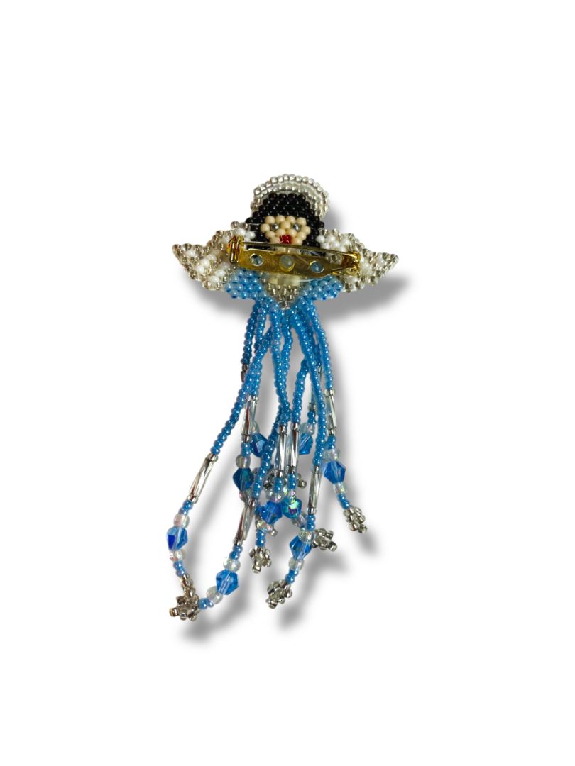 Beaded Angel Brooch Pin Blue Silvertone 3.8" Swag