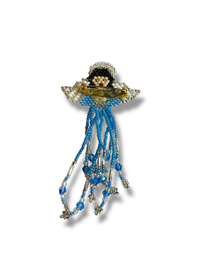 Beaded Angel Brooch Pin Blue Silvertone 3.8" Swag