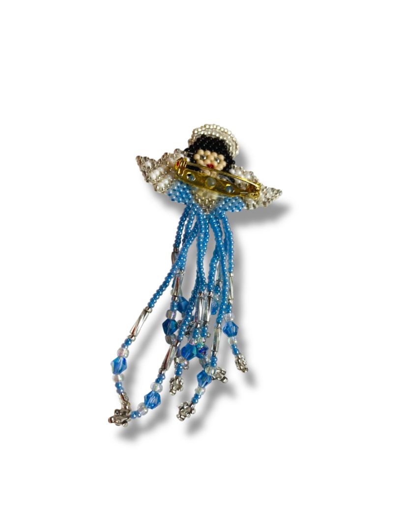 Beaded Angel Brooch Pin Blue Silvertone 3.8" Swag