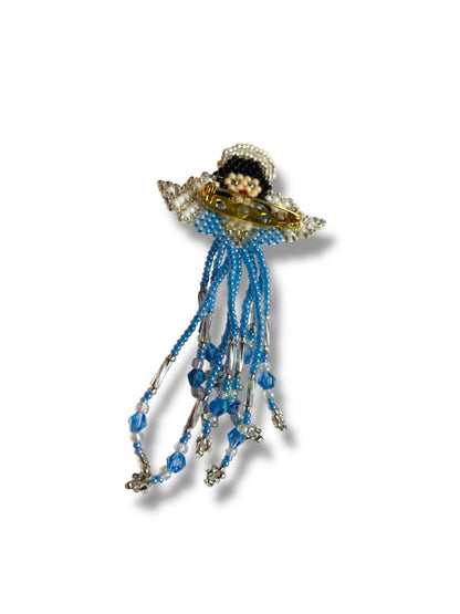 Beaded Angel Brooch Pin Blue Silvertone 3.8" Swag