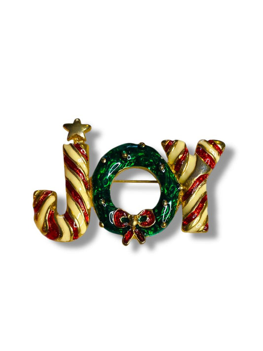 Vintage Holiday Christmas Brooch "Joy" Enameled Goldtone 2.1"