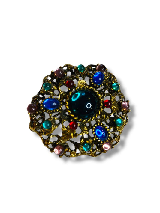Vintage Goldtone Multicolor Brooch Pin 1.6" Jewel Tones