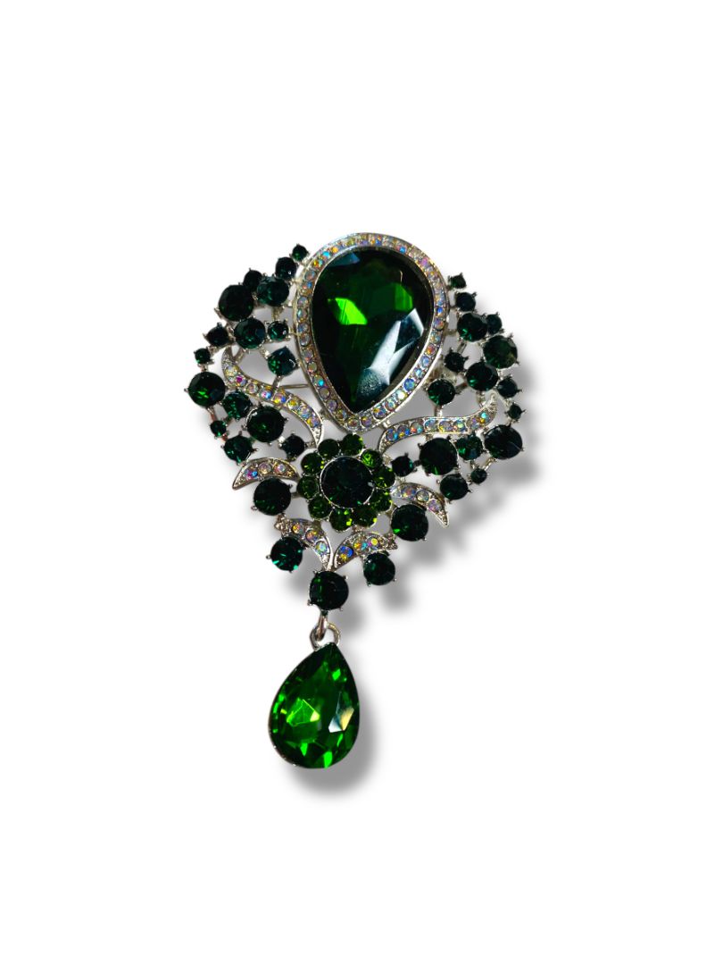Large Statement Brooch Silvertone Green 3.5"