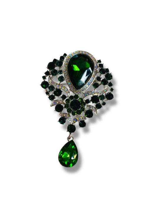 Large Statement Brooch Silvertone Green 3.5"
