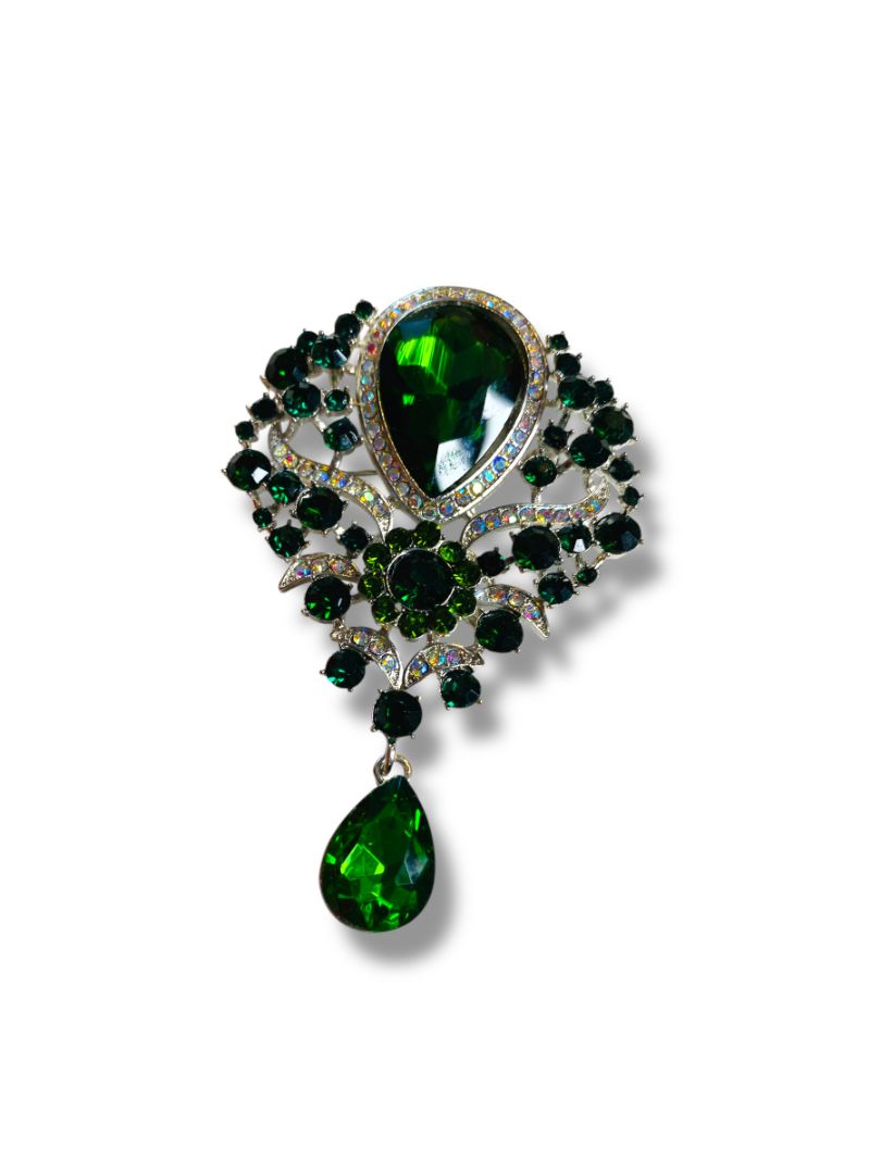 Large Statement Brooch Silvertone Green 3.5"