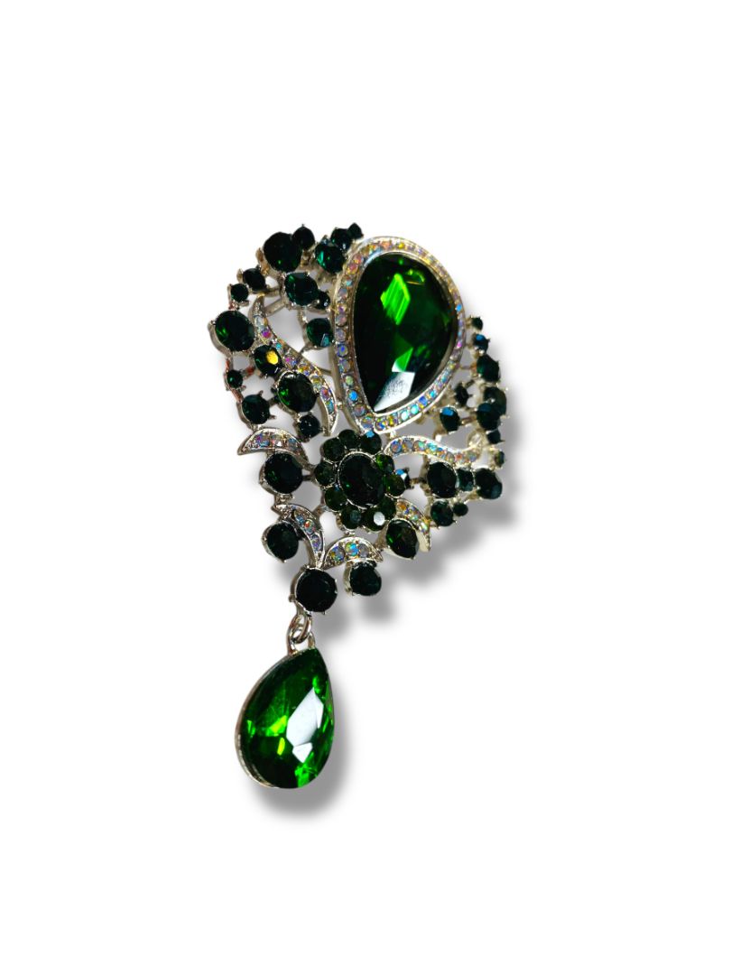 Large Statement Brooch Silvertone Green 3.5"