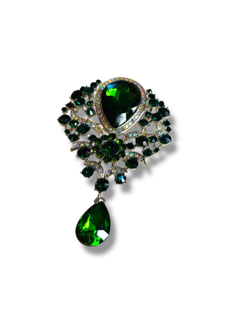 Large Statement Brooch Silvertone Green 3.5"