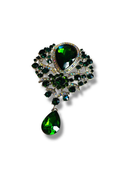 Large Statement Brooch Silvertone Green 3.5"