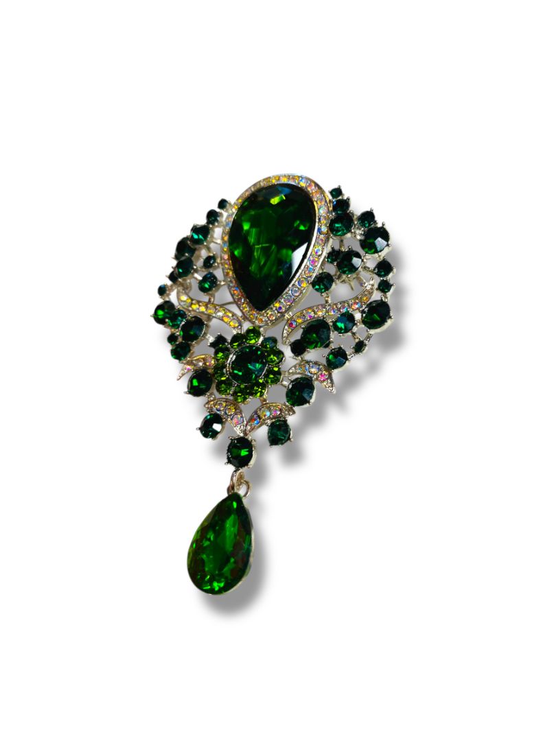 Large Statement Brooch Silvertone Green 3.5"
