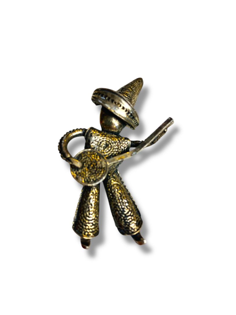 Vintage Silvertone Mexican Brooch Pin Man Playing Instrument 2"