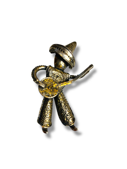 Vintage Silvertone Mexican Brooch Pin Man Playing Instrument 2"