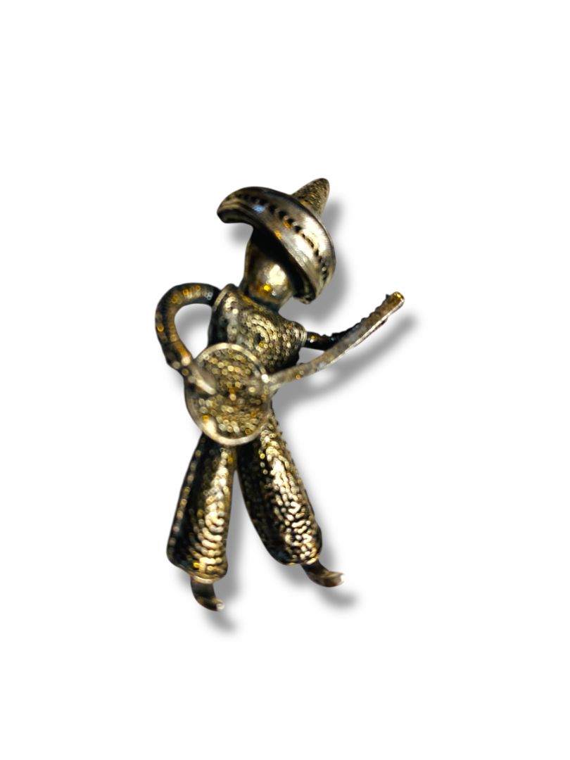 Vintage Silvertone Mexican Brooch Pin Man Playing Instrument 2"