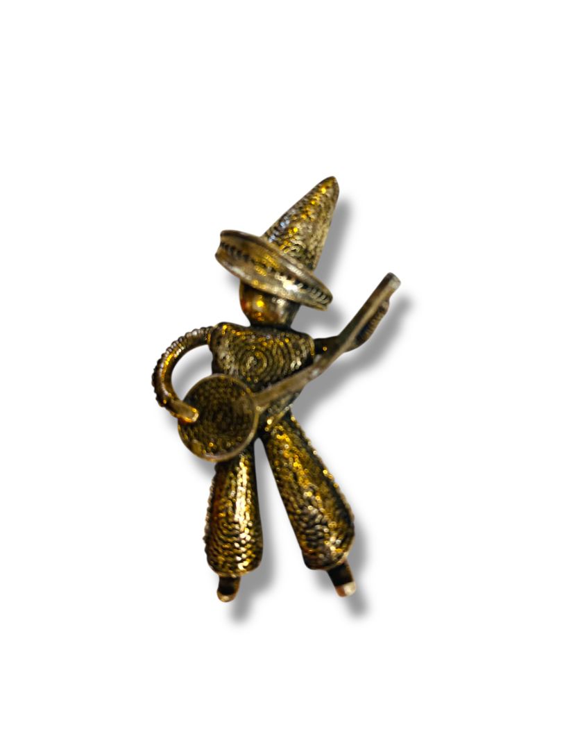 Vintage Silvertone Mexican Brooch Pin Man Playing Instrument 2"