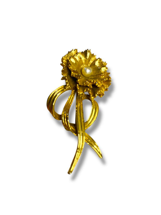Vintage Goldtone Carnation Brooch Pin 2.25" Faux Pearl