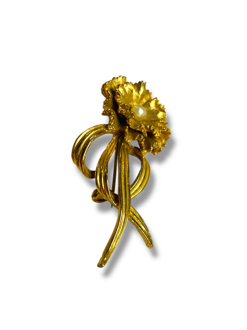 Vintage Goldtone Carnation Brooch Pin 2.25" Faux Pearl