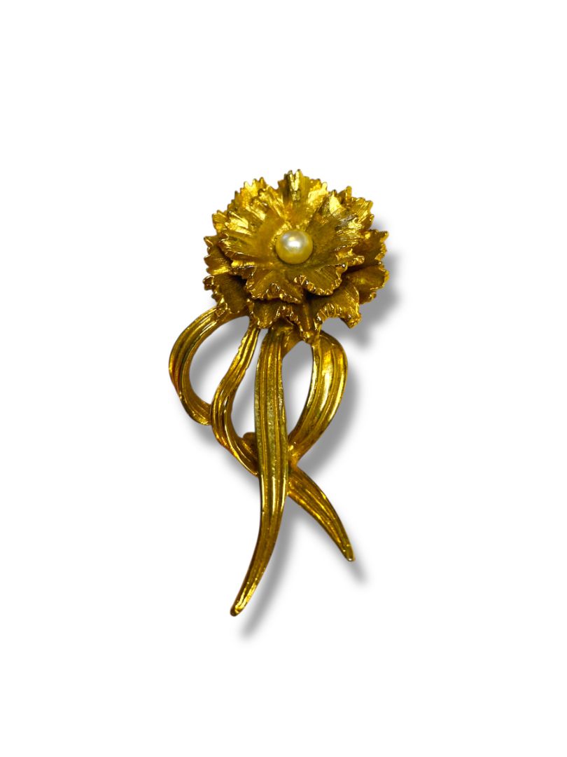 Vintage Goldtone Carnation Brooch Pin 2.25" Faux Pearl