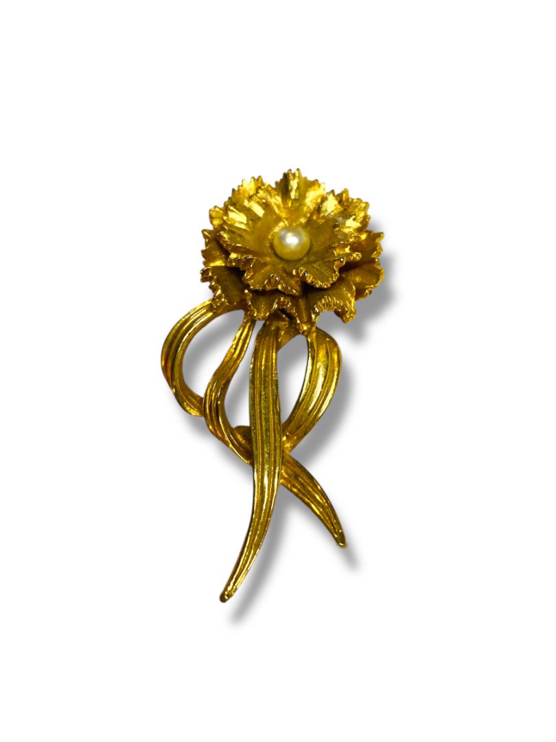 Vintage Goldtone Carnation Brooch Pin 2.25" Faux Pearl