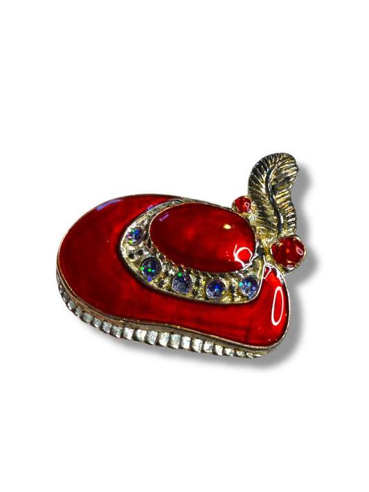 Vintage Red Hat Pin Plume Enameled Silvertone 1.5"