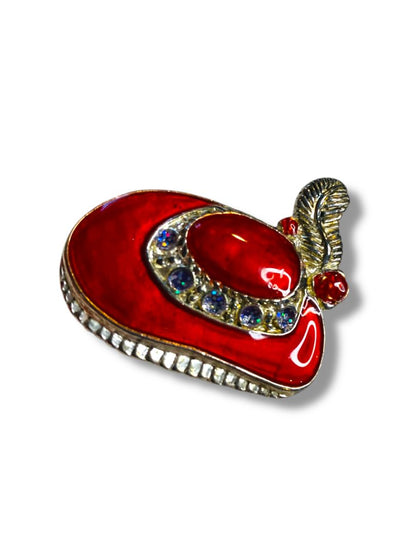 Vintage Red Hat Pin Plume Enameled Silvertone 1.5"