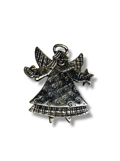 Silvertone Angel Brooch Pin Hope Love 1.75" Star Heart