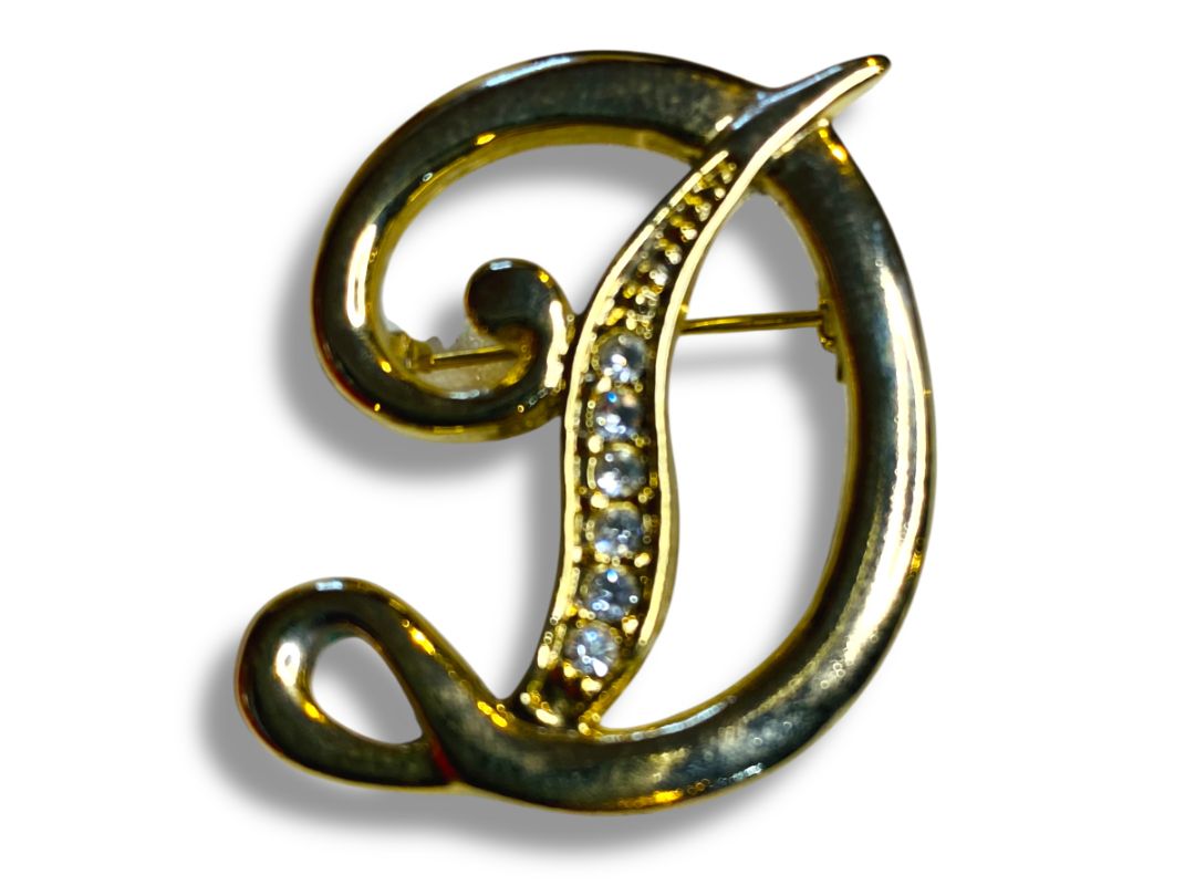 Vintage Goldtone "D" Initial Script Brooch Rhinestones 1.5"