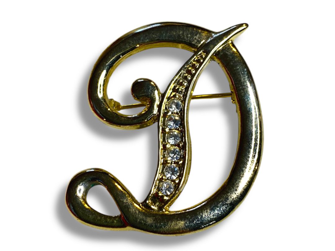 Vintage Goldtone "D" Initial Script Brooch Rhinestones 1.5"