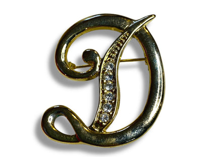 Vintage Goldtone "D" Initial Script Brooch Rhinestones 1.5"