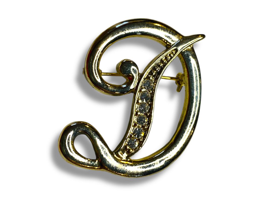 Vintage Goldtone "D" Initial Script Brooch Rhinestones 1.5"