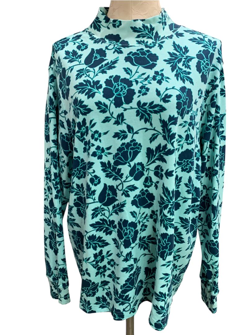 Size 1X (16W-18W) Lands End Womens Aqua Blue Mockneck Shirt Long Sleeve