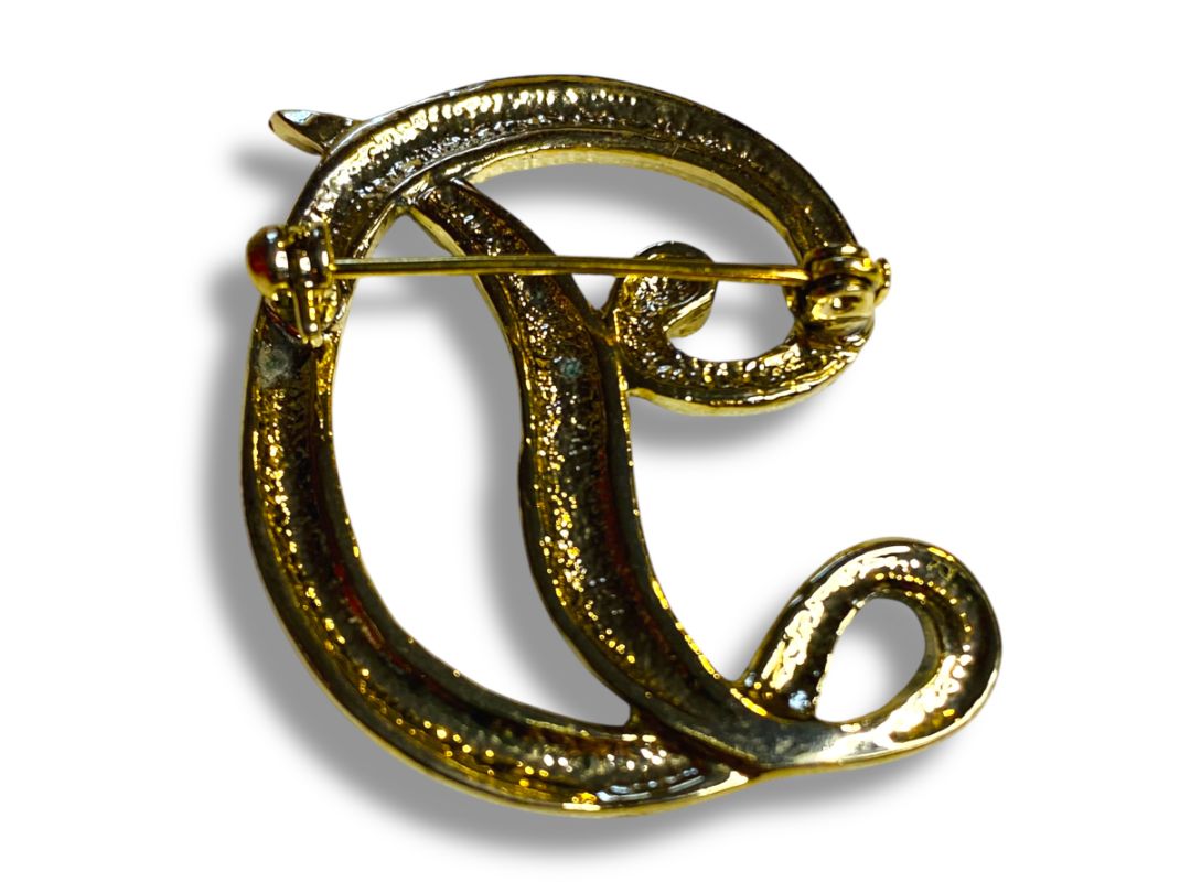Vintage Goldtone "D" Initial Script Brooch Rhinestones 1.5"