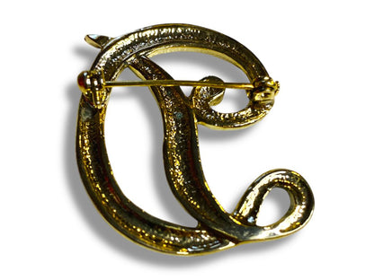 Vintage Goldtone "D" Initial Script Brooch Rhinestones 1.5"