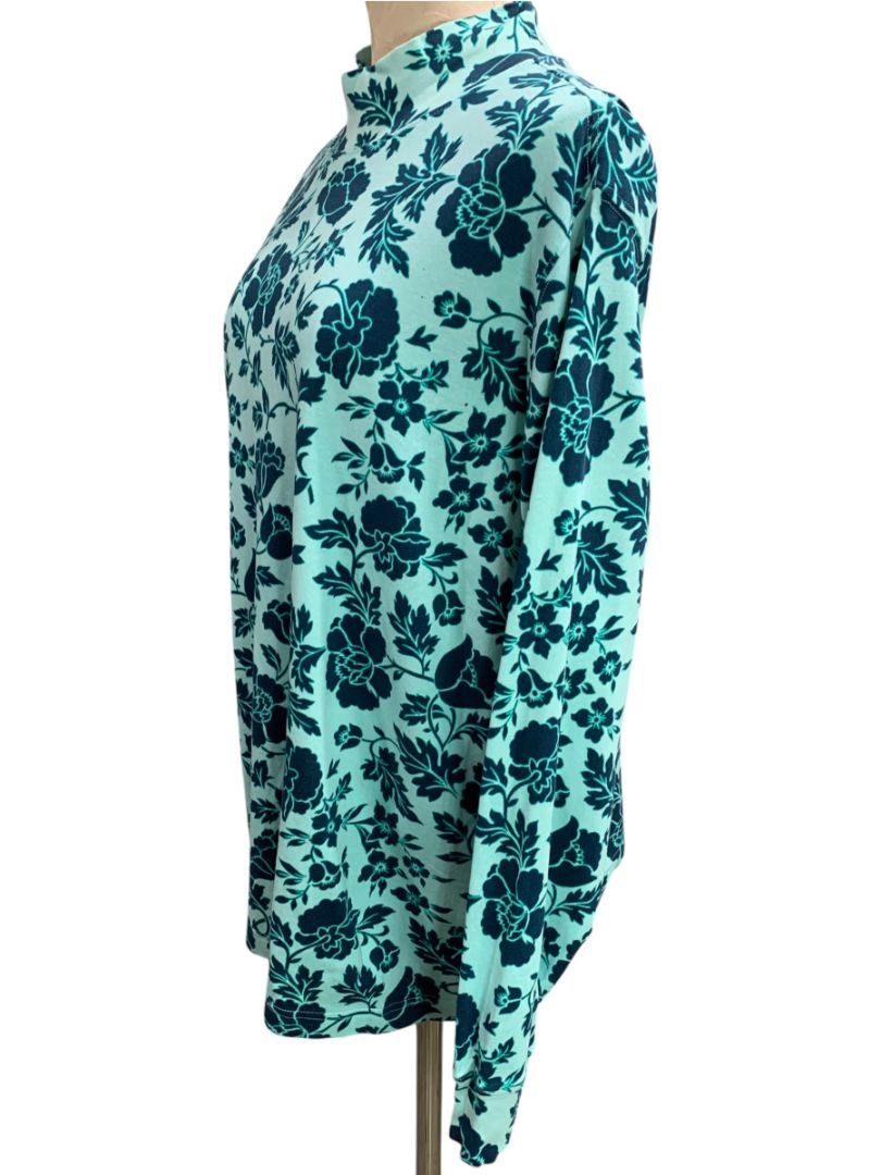 Size 1X (16W-18W) Lands End Womens Aqua Blue Mockneck Shirt Long Sleeve