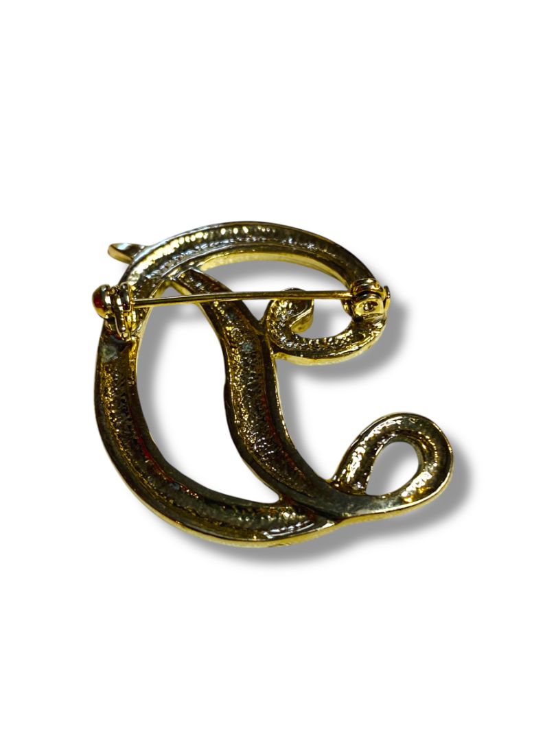 Vintage Goldtone "D" Initial Script Brooch Rhinestones 1.5"