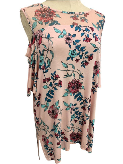 Size 1X French Laundry Womens Cold Shoulder Soft Knit Shirt Pink Print