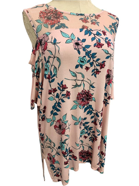 Size 1X French Laundry Womens Cold Shoulder Soft Knit Shirt Pink Print