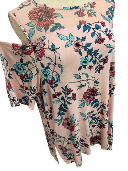 Size 1X French Laundry Womens Cold Shoulder Soft Knit Shirt Pink Print