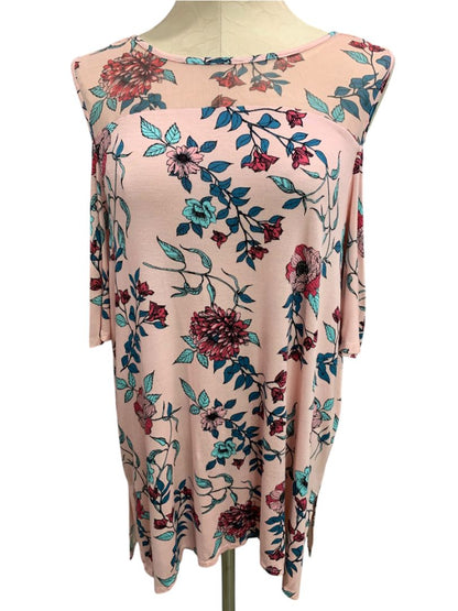 Size 1X French Laundry Womens Cold Shoulder Soft Knit Shirt Pink Print