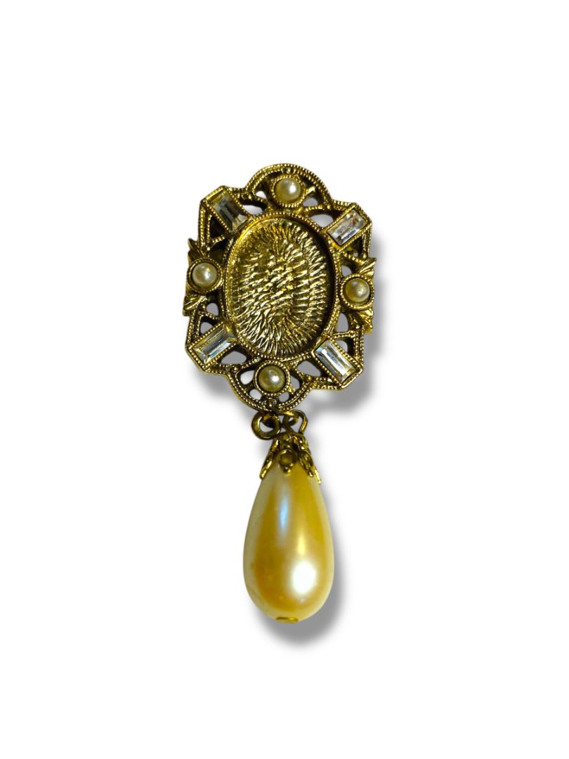 Goldtone and Faux Pearl Brooch Pin 2.5" Ornate Retro