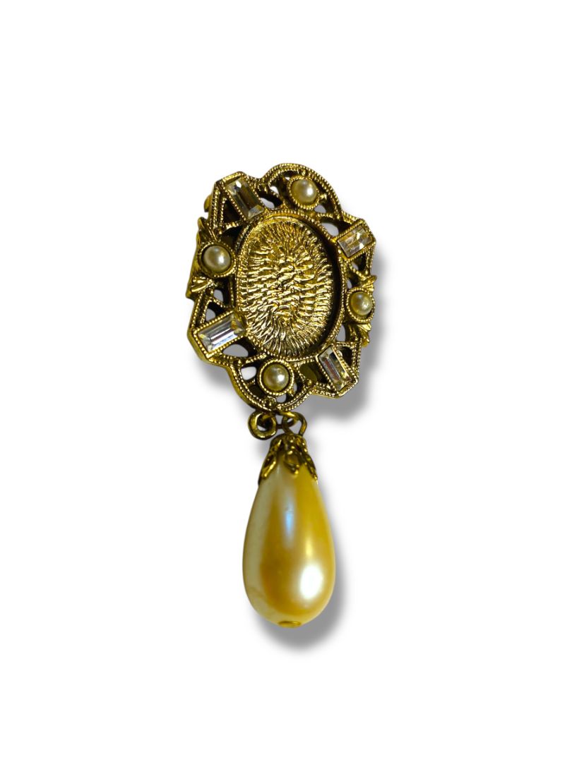 Goldtone and Faux Pearl Brooch Pin 2.5" Ornate Retro