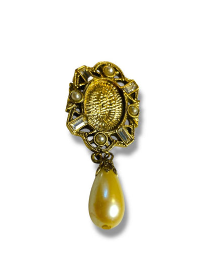 Goldtone and Faux Pearl Brooch Pin 2.5" Ornate Retro